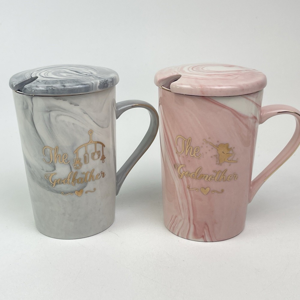 Present of Star Godmother Godfather Pinl Gray Marbled Ceramic Coffee Mugs Lids